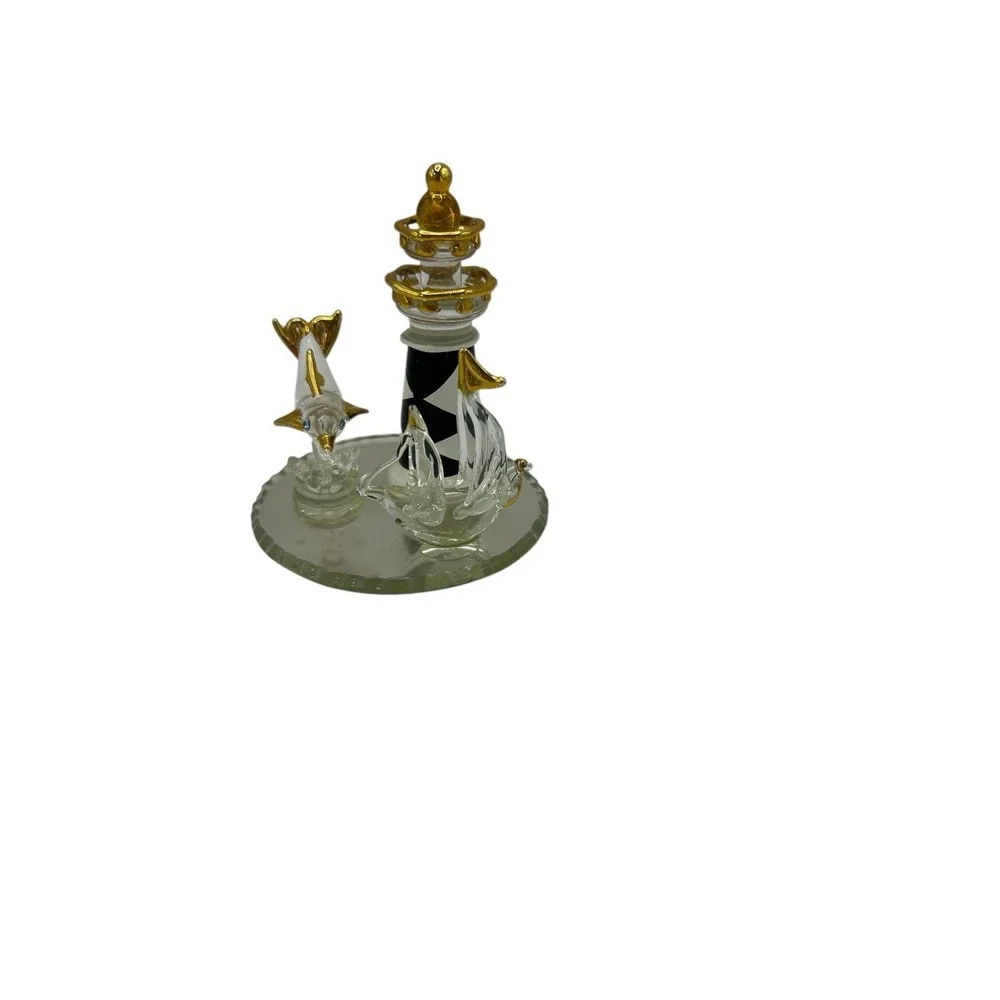 VINTAGE MIRRORED‎ GLASS LIGHTHOUSE DOLPHIN SAILBOAT GOLD TRIM